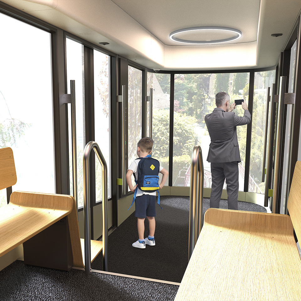 VBZ Rigiblick Seilbahn Milani Design Designagentur Industriedesign Transportationdesign Zugdesign Innendesign Aussendesign Experience Interior Passengers
